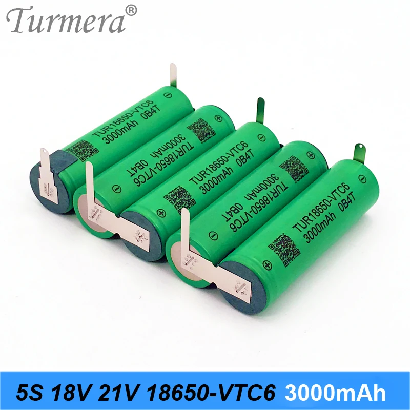 Turmera 18650 VTC6 3000mAh 6000mAh 5S 18V 21V Lithium Battery 30A Welding Strip for Screwdriver Battery Shurika Shura Customize