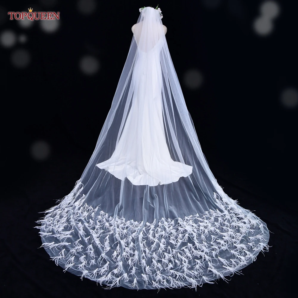 TOPQUEEN V22 Wedding Veil One Layer 3D Feathers Soft Italian Tulle Veil Wedding Veil Shimmer Chapel Bridal Veils Wedding 500 cm