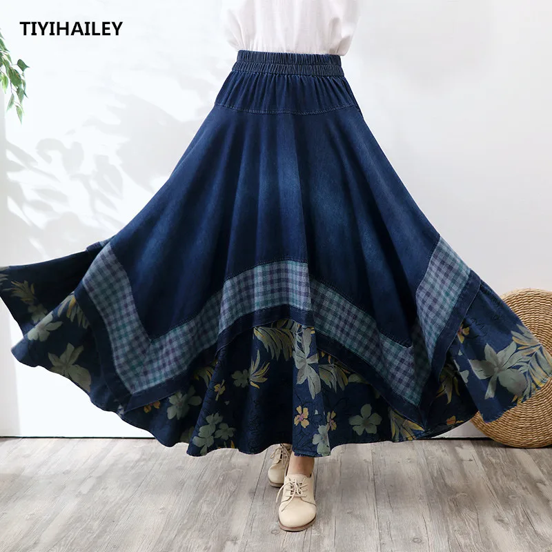 

TIYIHAILEY Free Shipping 2020 Long Maxi A-line Skirt Women Elastic Waist Spring Autumn Denim Jeans Vintage Big Hem Skirt Thick