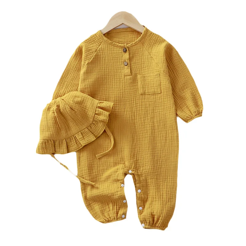 Baby Boys Girls Clothes Newborn Romper + Hats Muslin Cotton Long Sleeved Jumpsuit 0-2 Years