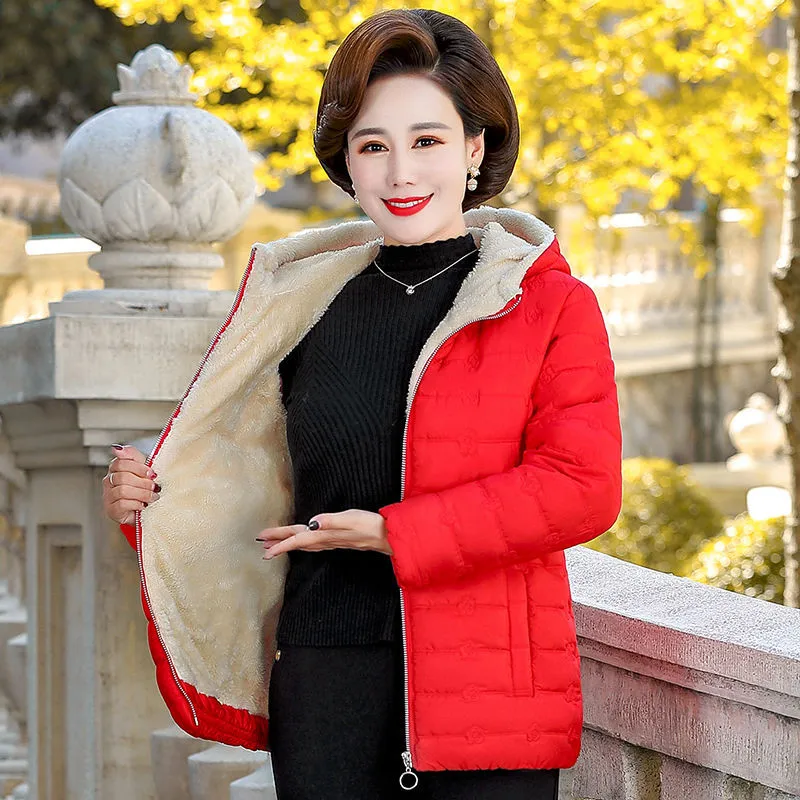 Autumn Winter Middle-aged Lady Hooded short Jacket Women Slim Plus Cashmere Warm Coat  Casual wam coat