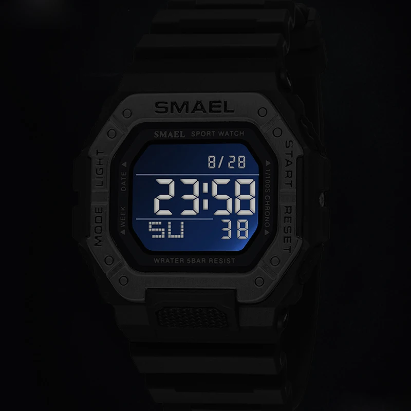 SMAEL Brand Men Sport Watches Digital LED Clock Waterproof Auto Date Military Army Green Square Wristwatches 8059 Rubber Strap