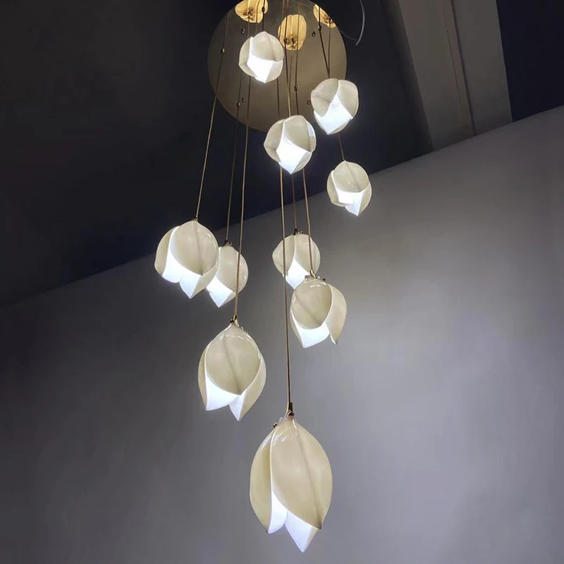 Modern ceramic white magnolia staircase pendant lamp designer hotel lobby restaurant villa  attic long pendant lamp