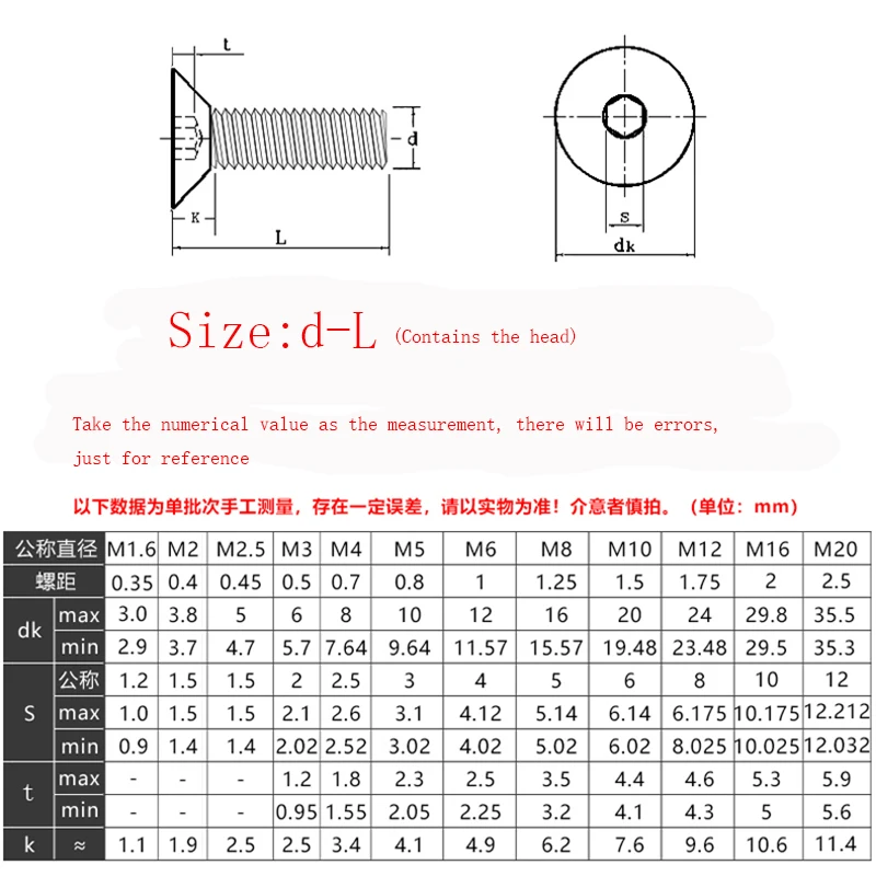 Parafuso de cabeça plana, oval encantar soquete, cor preta, m2, m2.5, m3, m4, m5 mm, 50pcs