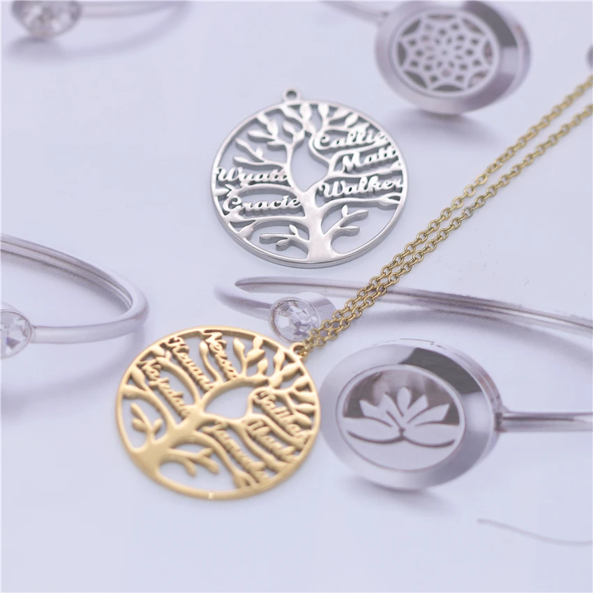 Senfai Personalized Family Names Life of Tree Necklace Custom Name Women Pendant Jewelry Fashion Round Tree Choker