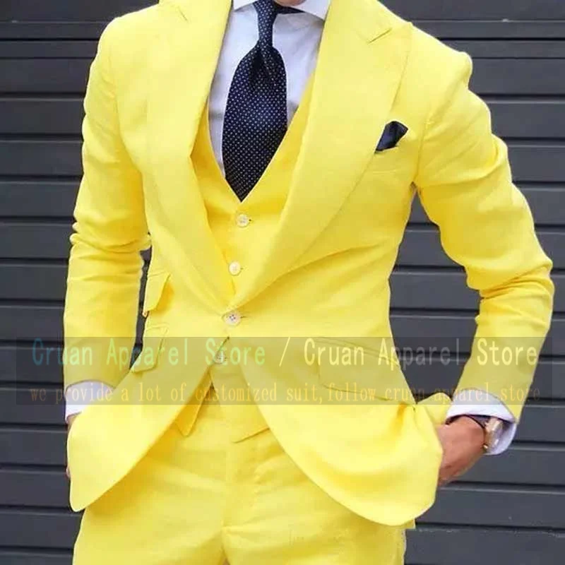 

Custom Made Yellow Wedding Suit for Groom Best Man Slim Fit Party Prom Male Tuxedo Colorful Peak Lapel Blazer Vest Pants 3Pcs