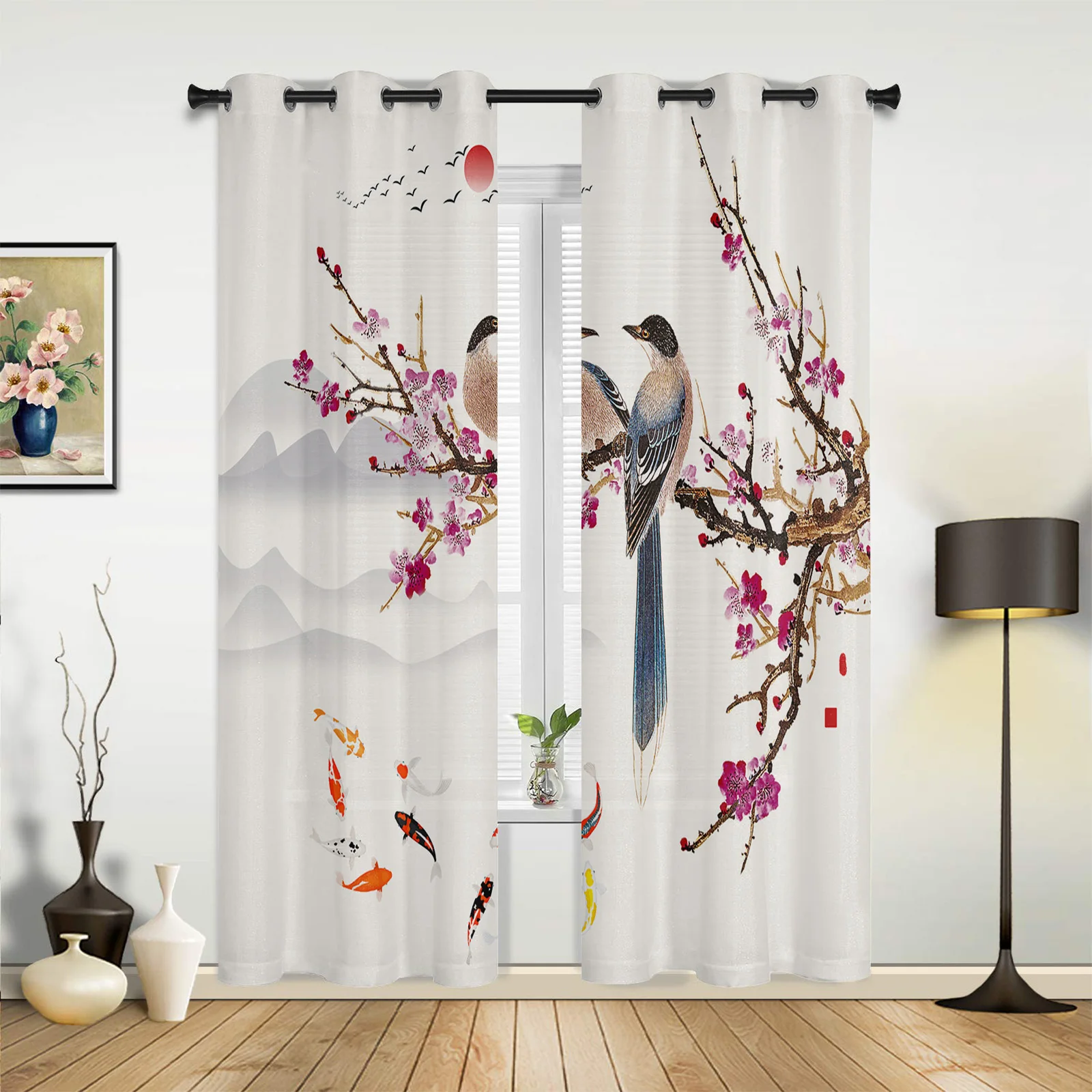 Modern Curtains Plum Blossom Magpie Carp Seamless Stitching Design Curtains Living Room Bedroom Valances Adult Essential Curtain