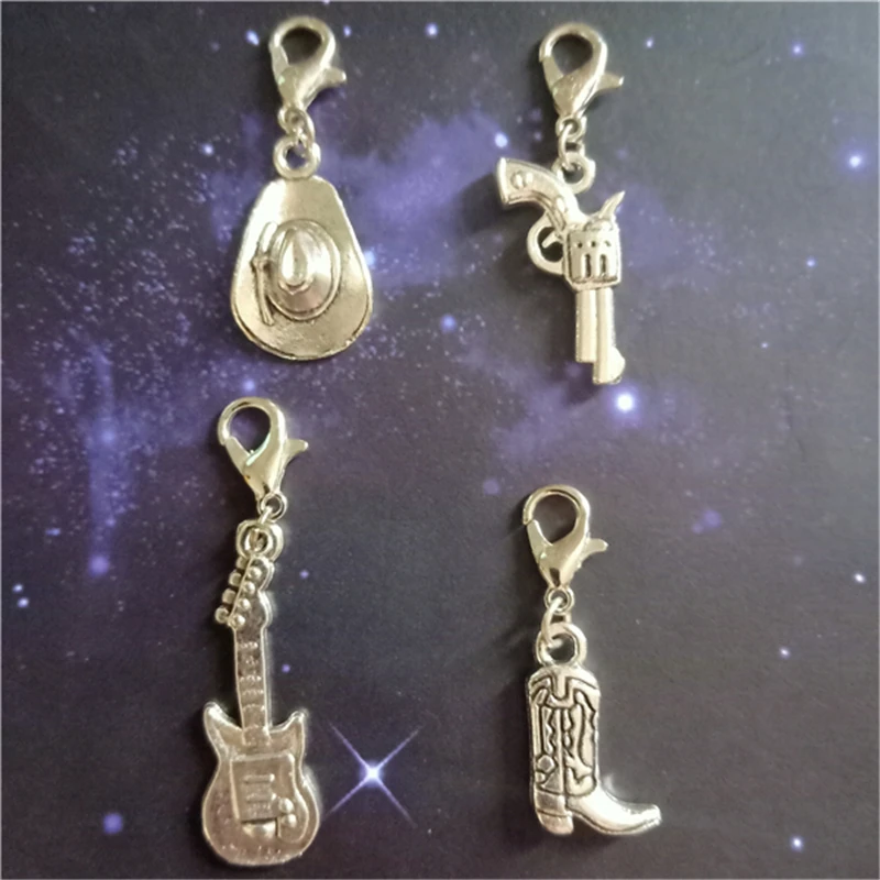 4pcs/lot Clip on Charms for diy Guitar Key Chain Western Jewelry Cowboy Boot Clip on Charm Gift Cowboy Hat Pendant