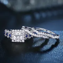 3-Piece Silver Wedding Ring Set 2.6Ct Princess Cut White Blue CZ Luxury Jewelry #4