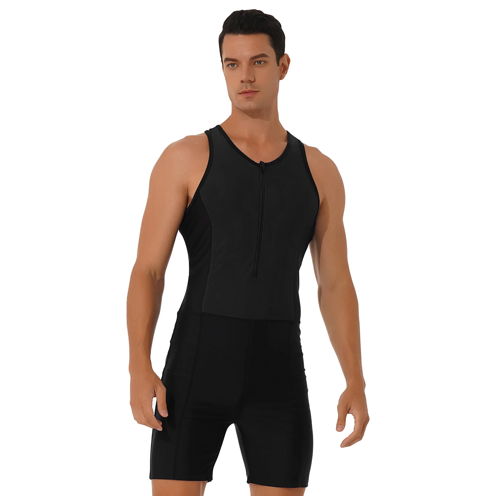 Mens Bodysuit One Piece Swimwear Sleeveless Gymnastics Leotard Unitard Body Building Swimsuit Bathing Suit Beach Pool Surfing