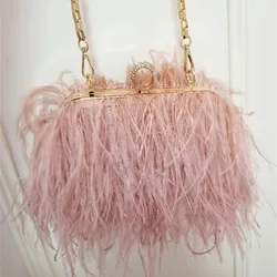 Women Famous Brands Handbag Ostrich Feather Clutch Luxury Shoulder Bags Feathers  Designer Chain Evening Party Clutch Bags