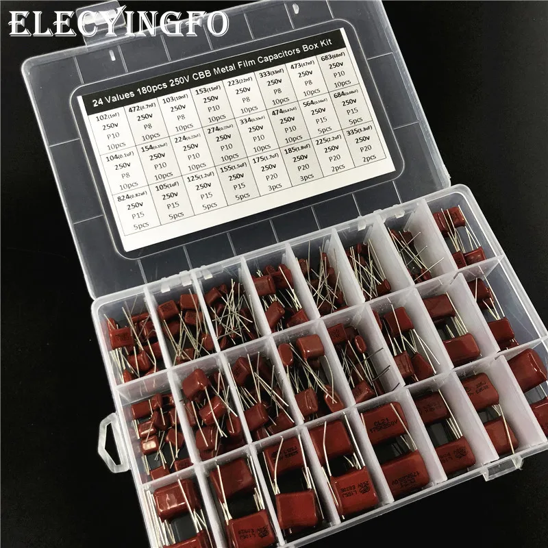 

24 values 180pcs 250V 1nF to 3.3uF (102~335) 10nF 47nF 100nF 0.1uF 0.47uF 1uF 1.5uF CBB metal film capacitors Assortment Kit Box