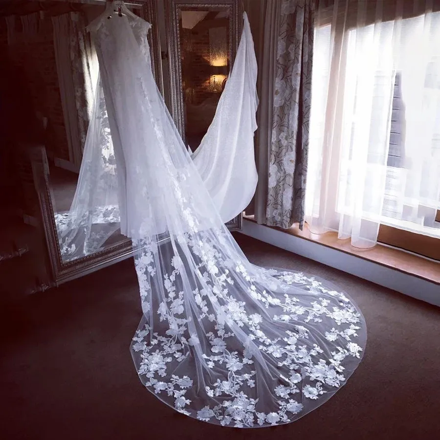 Foto reale 3M velo da sposa con pettine bordo in pizzo bianco veli da sposa cattedrale appliquata avorio Veu De Noiva accessori da sposa