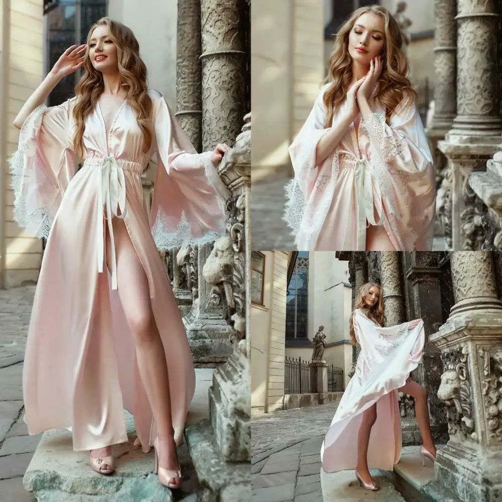 Women Light Pink Night Robe with Belt Loose Long Sleeve Lace Bathrobe Sleepwear