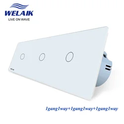 WELAIK EU European Standard 3Frame 1~1000W 1gang1way Crystal Glass-Panel LED Light Strip Wall Touch Switch 220V A39111111CW