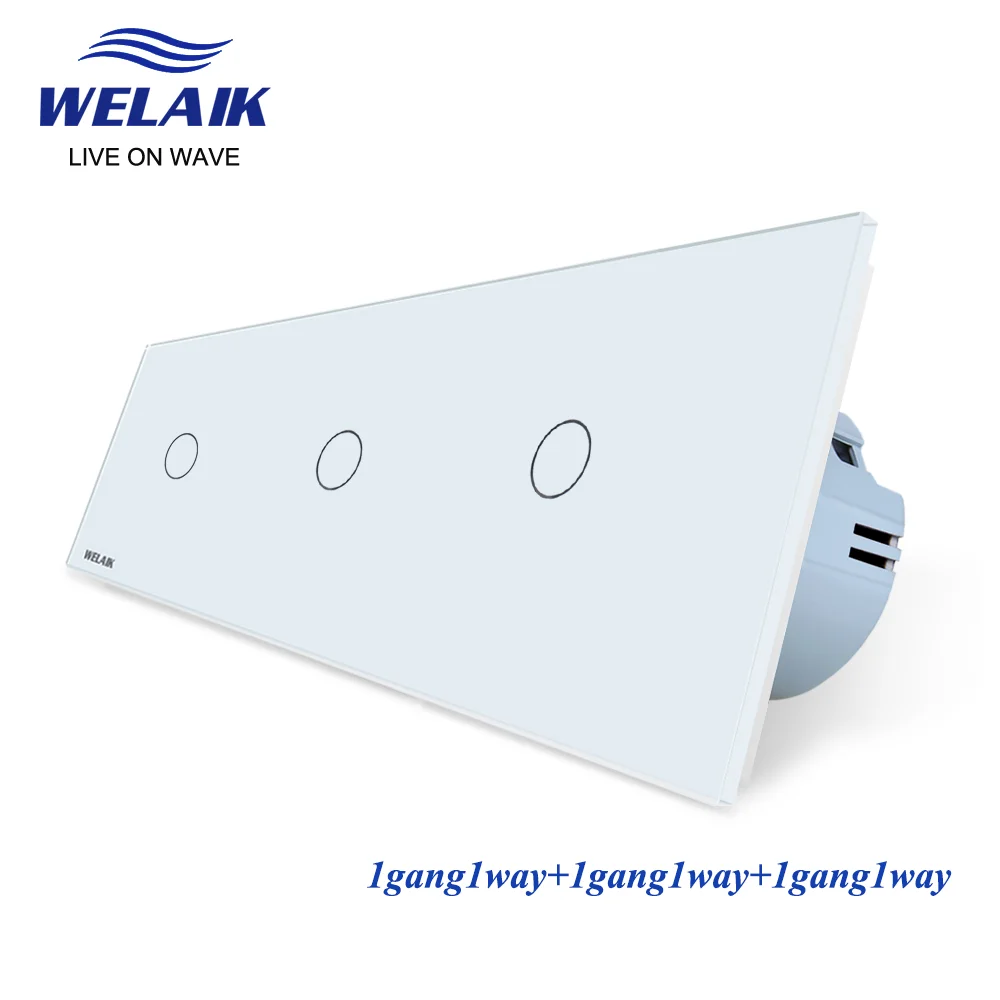 WELAIK EU European Standard 3Frame 1~1000W 1gang1way Crystal Glass-Panel  LED Light Strip Wall Touch Switch  220V A39111111CW