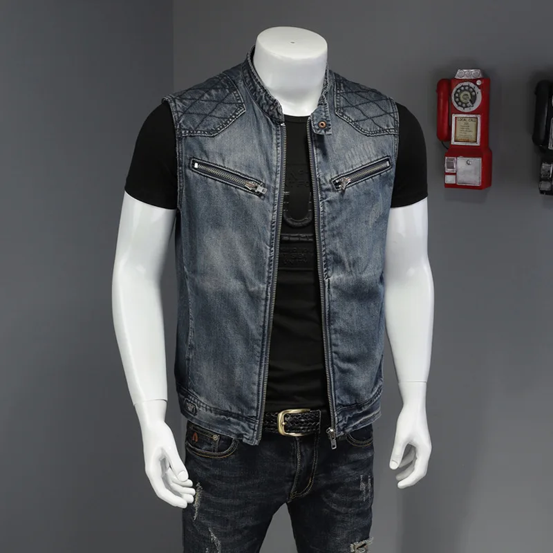 

Spring Men Denim Vest Retro Europe America Style Autumn Personality Locomotive Male Cowboy Waistcoat Coat Plus Size 6Xl