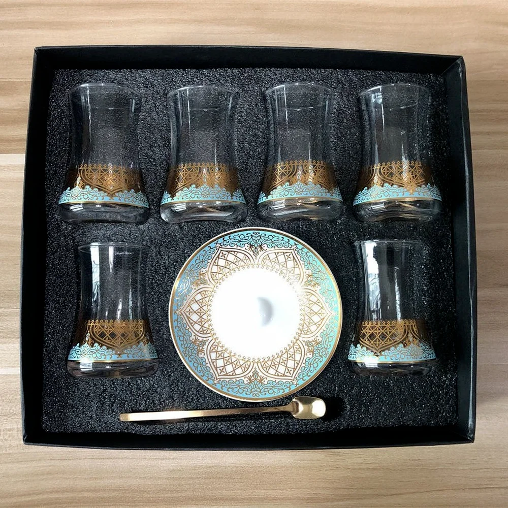 6 Sets Turkish Tea Glasses Cups Set Saucers with Spoon Coffee Cup Romantic Exotic Glass Tea Cup Kitchen Decoration Gift Box