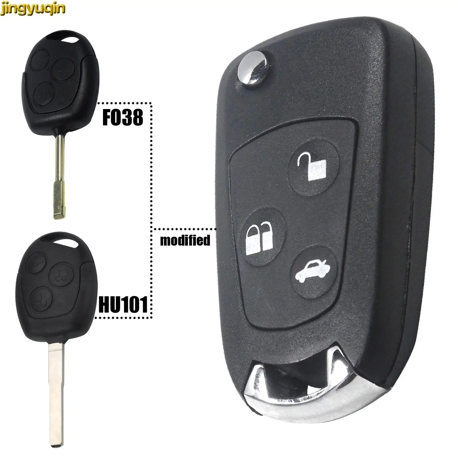 

Jingyuqin Remote Flip Car Key Shell Modified For Ford Focus Mondeo Fiesta KA 3 Buttons Entry Fob Replacement HU101/FO21 Blade