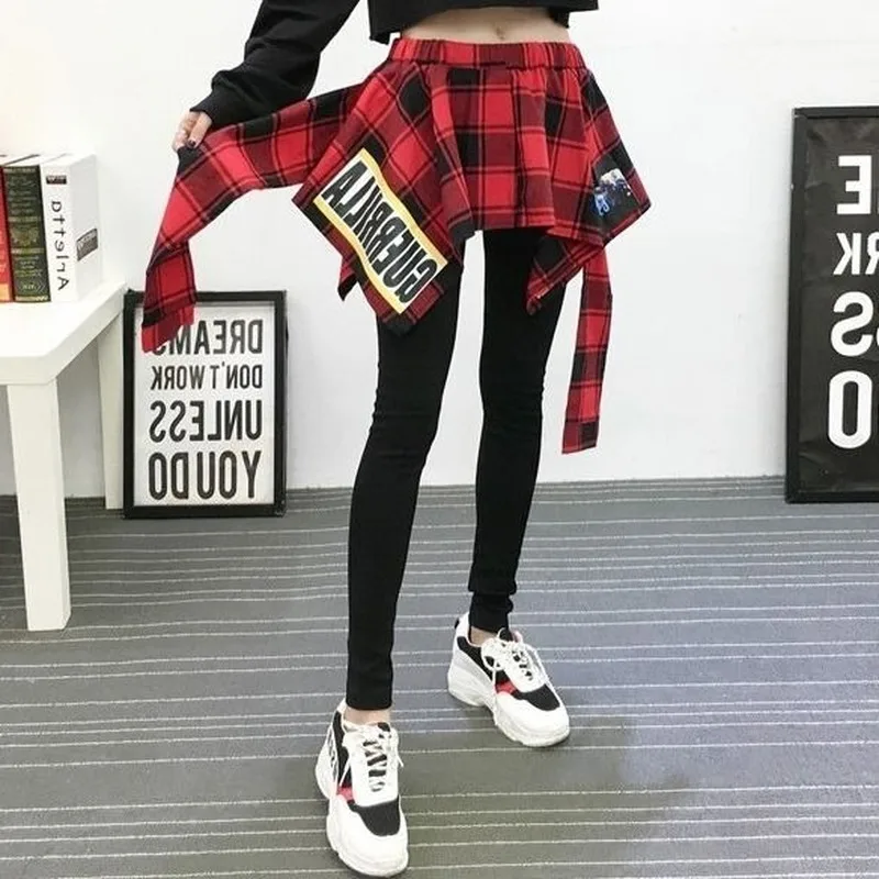 2021 False Two-Piece Bottoming Women's Skort Print Thin Outer Wear Female Sports Dance Skort Plaid Camouflage Skirt Leggings