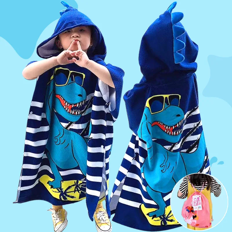 Children Cotton Beach Cloak Towel Kids Mermaid Shark Pattern Cartoon Hooded Bath Towel for Baby Boys Girls Hooded Cape Cloak