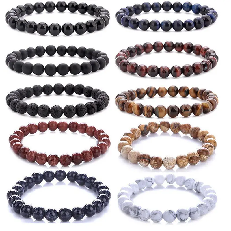 Pulseira de quartzo em pedra natural para homens e mulheres, contas redondas, lava, olho de tigre, ônix preto, pulseira de mão frisada, bijuteria,