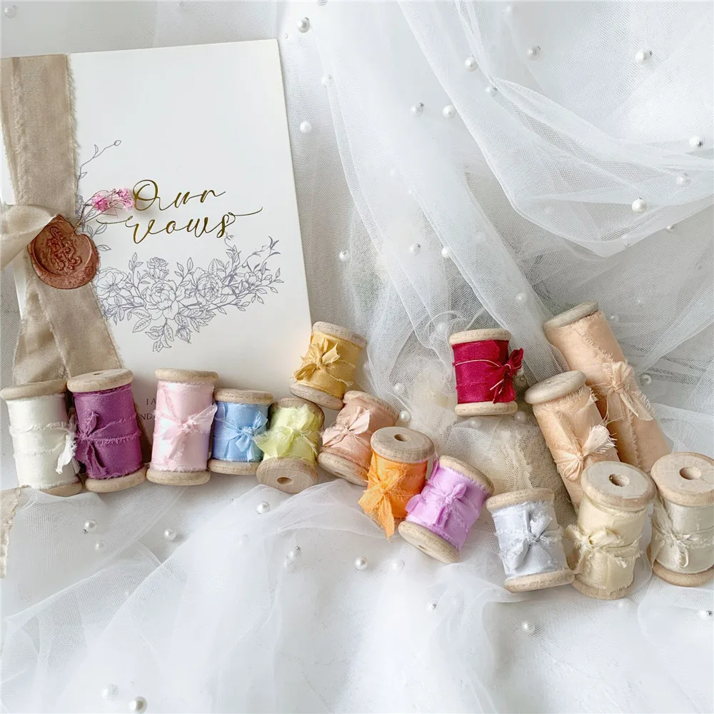 8rolls 6rolls one set ins style pure silk Chiffon Frayed Edged ribbon wedding packaging ribbon 100% silk ribbon soft ribbon