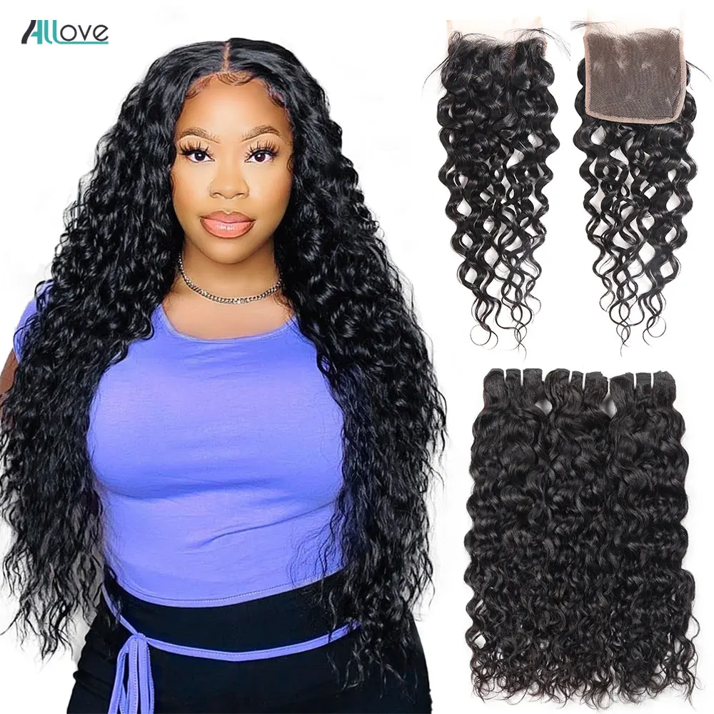 Allove Water Wave Bundles With Closure Brazilian Hair Weave Bundles With Closure Nonremy Human Hair Weave 3 Bundles With Closure