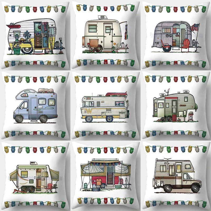 Happy Caravan Owl Camper Pattern Cushion Pillowcase Polyester Cushion Cover Throw Pillow Sofa Living Room Decoration Pillowcover