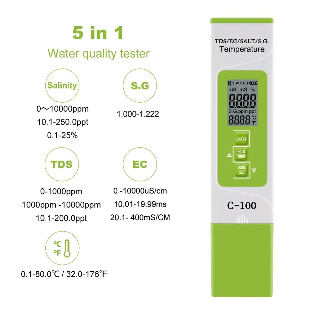 Yieryi PH/TDS/EC/Garam/S.G. Meter Digital Air Quality Monitor Tester untuk Kolam Renang, Air Minum, Akuarium