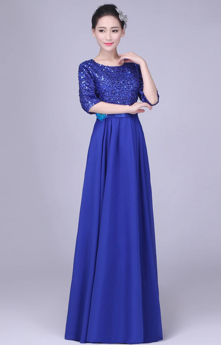 XYF-60 # Gaun Malam Leher O Panjang Sifon Ungu Royal Biru Merah Kinerja Gaun O-Neck Payet Grosir Pakaian Wanita