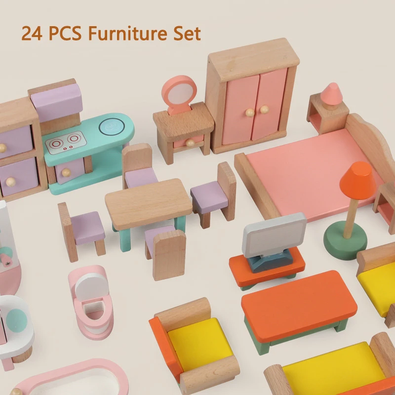 Juguetes de Casa de juegos para niños, mini simulación de madera, dormitorio, cocina, sala de estar, muebles exquisitos, regalo para niñas de 22 piezas