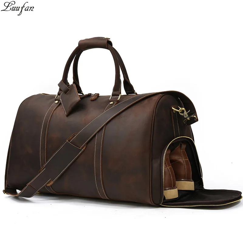 

Luufan Mens Genuine Leather Travel Bag Travel Tote Big Weekend Bag Man Cowskin Duffle Bag with shoe pocket Luggage Male Handbags