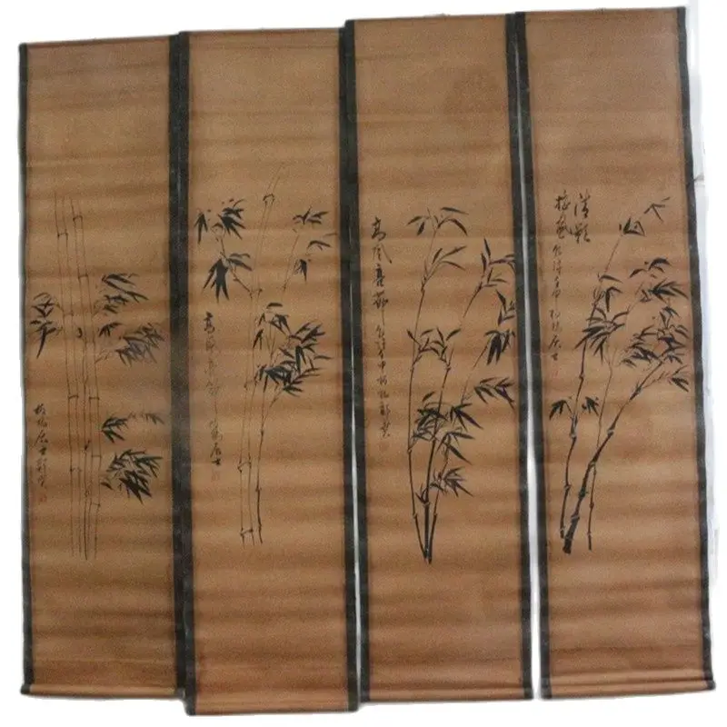 Chinese Old Scroll  Four Screen Paintings, Middle Hall Hanging Painting, Zheng Banqiao Bamboo