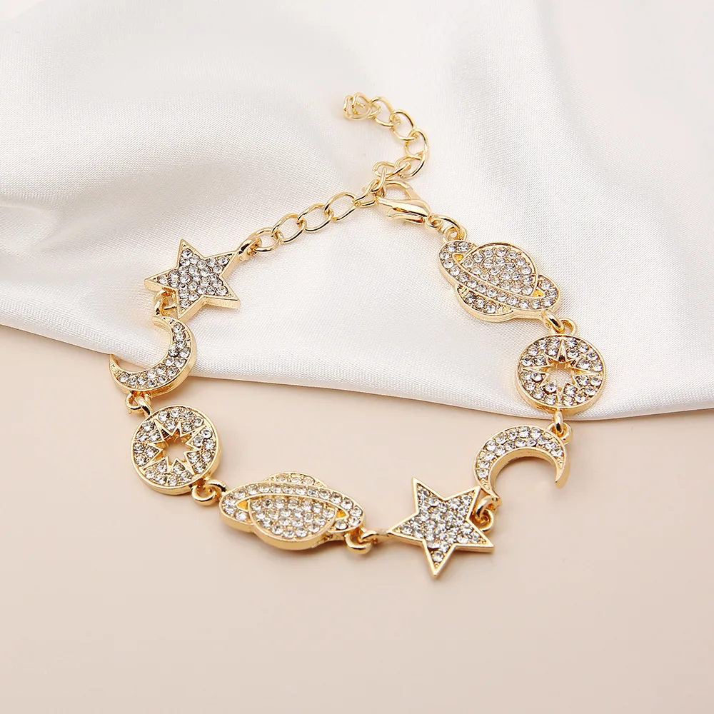 Retro Ins Bracelet Minimalist Alloy Zircon Connected Stars Moon Planetary Bracelet Women Wholesale