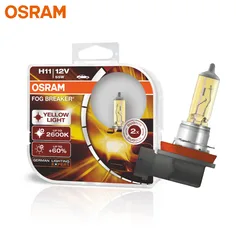 OSRAM H11 Yellow 62211FBR Halogen Fog Breaker 12V 55W Car Original Headlight 2600K Light +60% Brighter Genuine Lamps, Pair