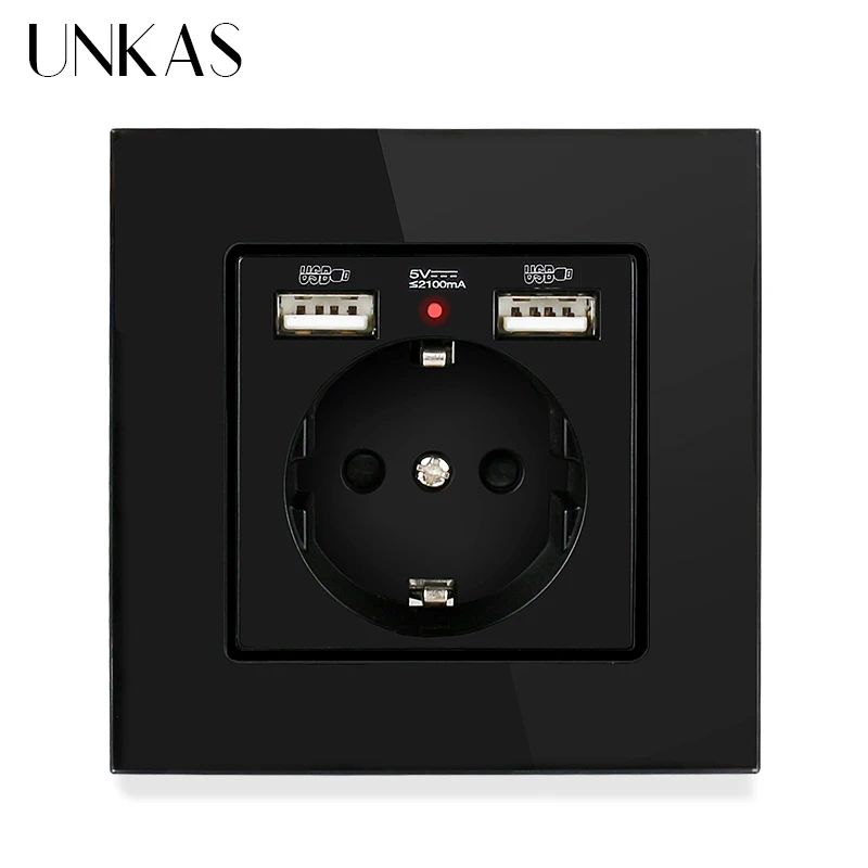 

UNKAS Russia Spain EU Standard 16A Wall Socket Dual USB Charge Port Tempered Crystal Glass Panel Black White Grey Outlet