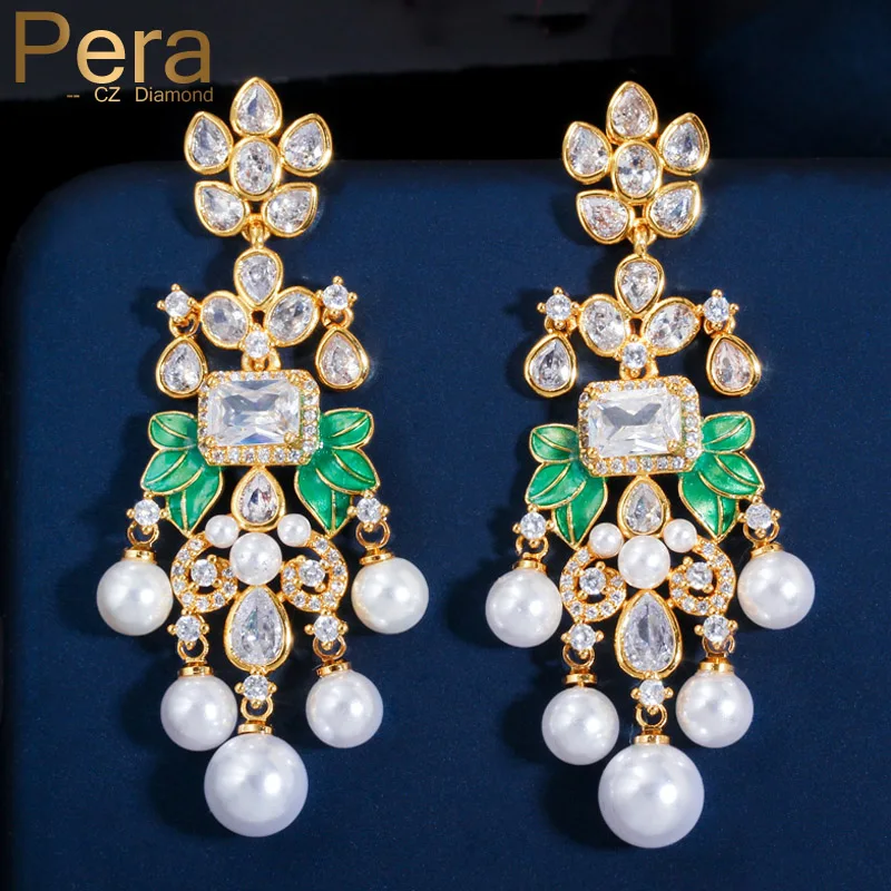 

Pera Bohemian Ear Jewelry Natural CZ Zirconia Gold Color Flower Long Pearl Drop Earrings for Women Banquet Dancing Party E496