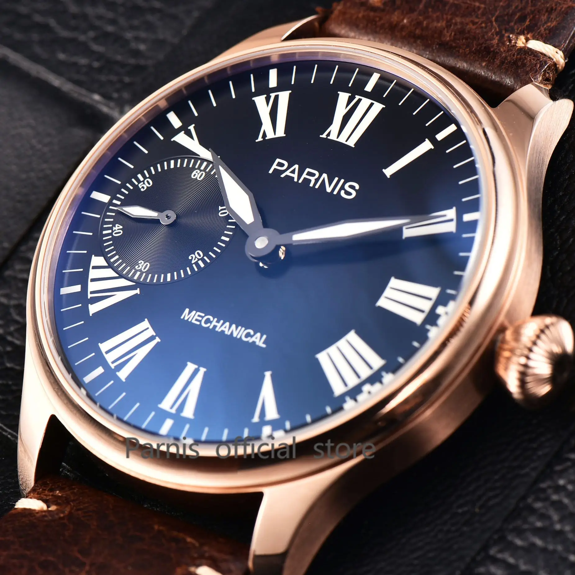 

Parnis 44mm Rose Gold Case Men Watch Mechanical Hand Winding Watches Leather Strap 17 Jewels Wristwatches 2024 Top Luxury Brand