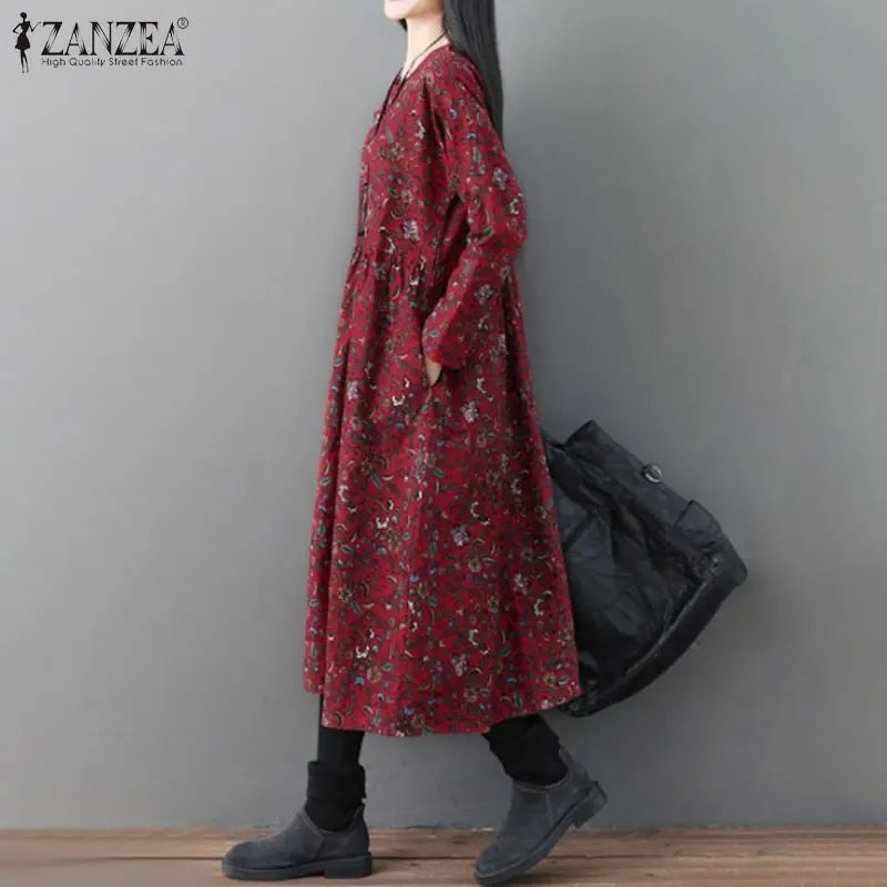 ZANZEA Spring Bohemian Floral Printed Midi Dress Women Vintage Long Sleeve Cotton Linen Sundress Casual Retro Vestido Kaftan