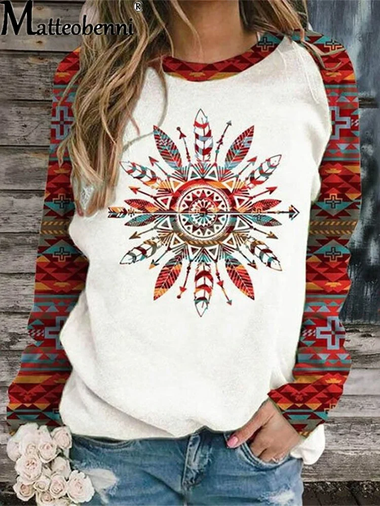 2021 Autumn Winter Retro Western Ethnic Geometric Print Sweatshirt Women\'s Casual Round Neck Vintage Loose Street Sweatshirts