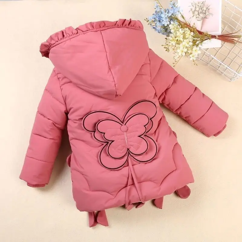 Thick Keep Warm Winter Jacket For Girls Butterfly Hooded Kids Outerwear Teenager Long Windbreaker Coat 4-12 Years old