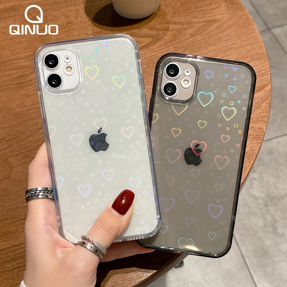 Fashion Gradient Laser Love Heart Leaf Pattern Case For iPhone 15 14 13 11 12 Pro Max X XS XR 7 8 Plus Clear Cover With Hearts