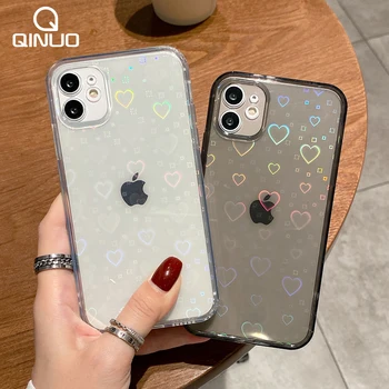 Fashion Gradient Laser Love Heart Leaf Pattern Case For iPhone 13 11 12 Pro Max X XS XR 7 8 Plus SE 2020 Clear Cover With Hearts 1