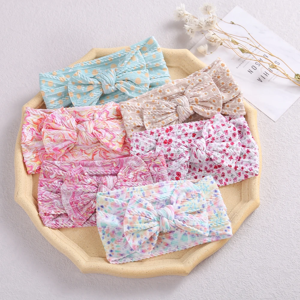 20pc/lot New Floral Prints Bows Nylon Baby Turban,Ribbed Cable Knit Bows Nylon Headband for Kids Girls Tie Dye Nylon Head wraps