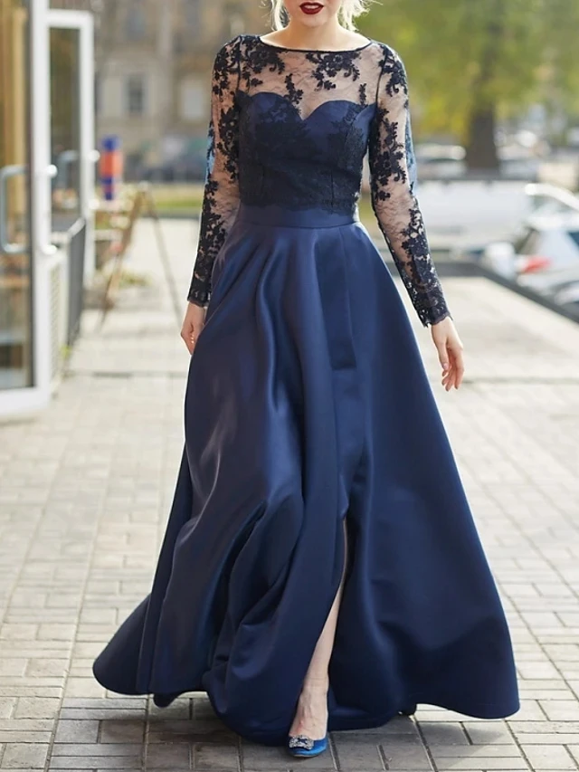 Navy Blue Evening Engagement Dress 2024 Illusion Neck Long Sleeve Floor Length Lace Satin Split Prom Party Gown Celebrity Wear