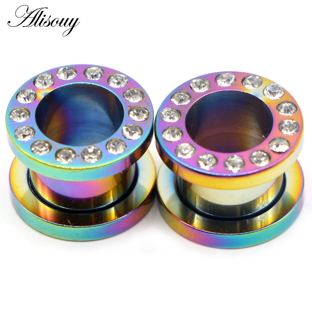 Alisouy 2pcs Steel Paved Crystal CZ Ear Piercing Tunnel Gauge Colorful Screw Fit Ear Flesh Plugs Ear Expander Piercing Jewelry