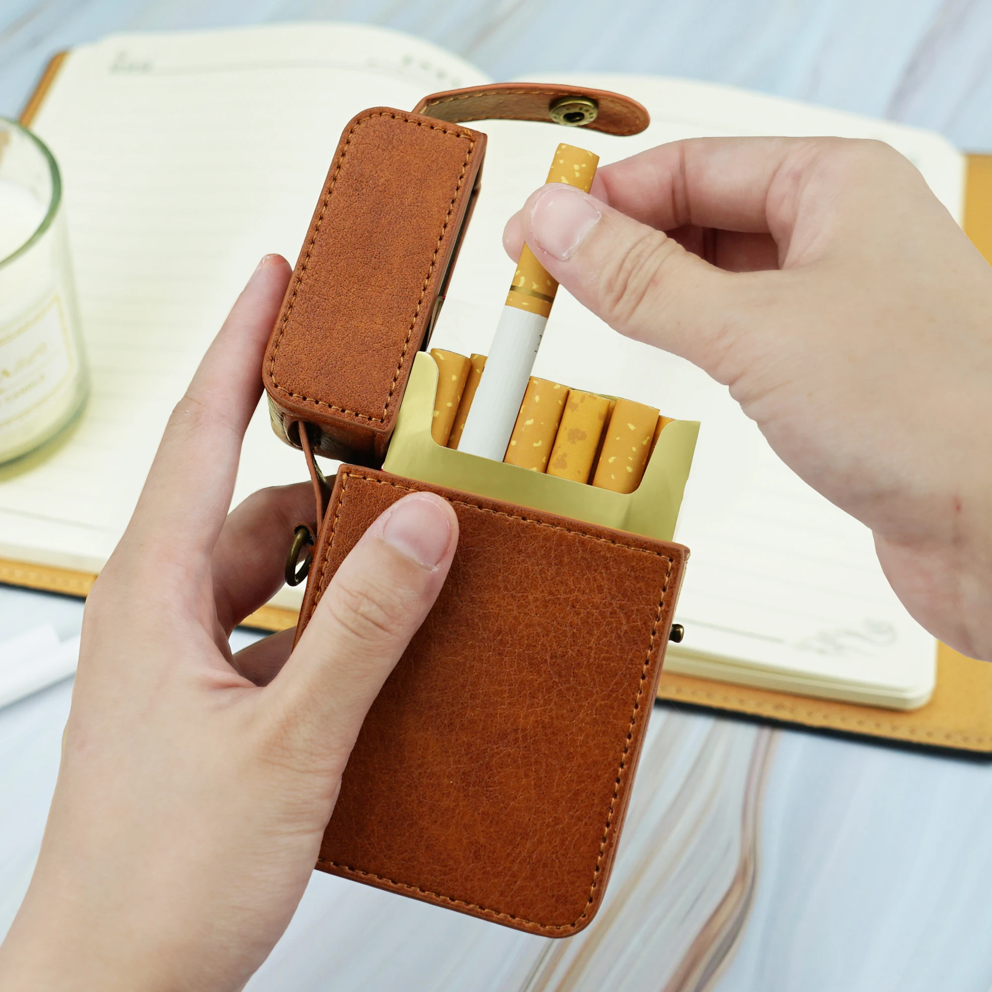 Genuine Leather Cigarette Case Cover Luxury PU Leather Cigarettes Box Holder Big Capacity Lighter Sleeve Gadgets for Women Men