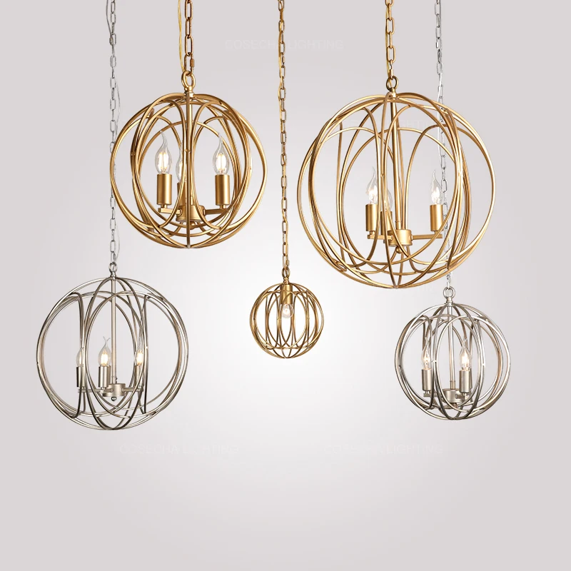 

Globe cage chandeliers round metal suspension lights sphere golden hanging lustre loft nordic kitchen lamp european modern light