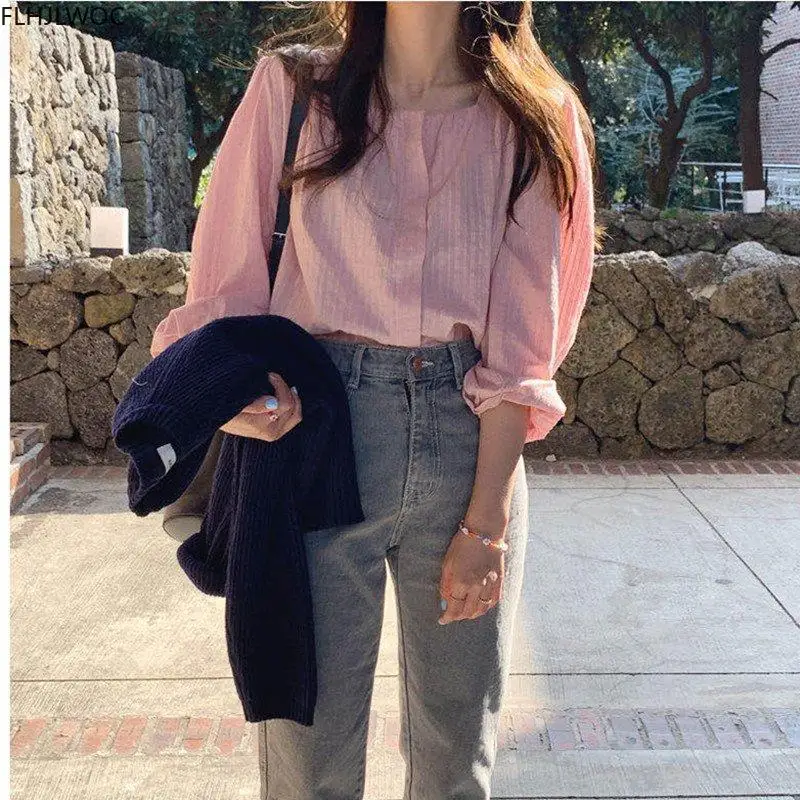 2020 Autumn Cute Chic Tops Korea Japan Style Girls Preppy New Design Casual Loose Women Pink Top Single Breasted Button Shirts